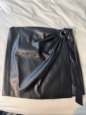 Mango Black Faux Leather Wrap Mini Skirt with Ring Detail